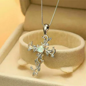 Colgante de Cruz Elegante para Mujer con Ópalo Sintético Redondo, Chapado en Oro Blanco de 14k - Product Image 3