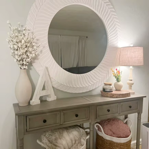 Hand-Carved <b>Round</b> Contemporary MDF <b>Wood</b> Feather/Leaf Accent <b>Mirror</b> From REHMAN CRAFT - Product Image 3