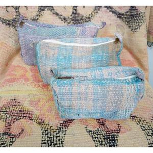 100% Pure Cotton Kantha Fabric Tassel Pattern Zipper Closure Eco-Friendly Durable Large Makeup Bag Pouch Set Soft Handle - Product Image 4