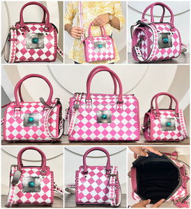 New 2026 Outdoor Hand <b>Tooled</b> Checkered Leather Hand Carry Crossbody Travel Speedy Bag for Women's Overnight Duffle Luggage Bags - Product Image 3