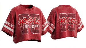 Couleur unie unie délavée à la pierre, coupe courte, style streetwear, vente en gros, épaules tombantes, coupe oversize ample, effet usé, 100% coton, Hip Hop - Product Image 5