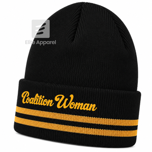 Custom NCBW 100 Black <b>Women</b> Knit <b>Beanie</b> black and Gold Casual Style embroidered logo with stripes for female - Product Image 2