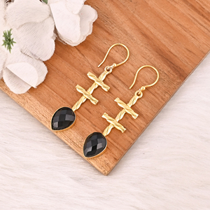 Natural <b>Black</b> Onyx Gold Plated Brass <b>Dangle</b> <b>Earrings</b> Handmade Fashion Jewelry for Women - Product Image 3