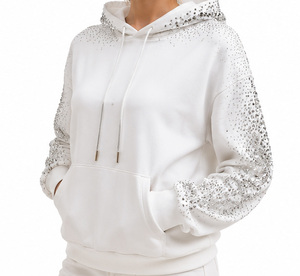 Sweat-shirt à capuche oversize blanc pour femme avec imprimé géométrique à paillettes, manches longues, en coton tricoté, pour l'automne - Product Image 2