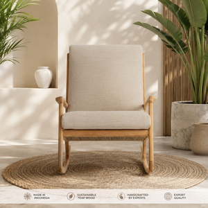Silla Mecedora de Jardín de Teca Sólida Personalizada con Acabado Natural, Sillón de Exterior para Hotel, Villa, Resort, Importadores Indonesia FCL - Product Image 1