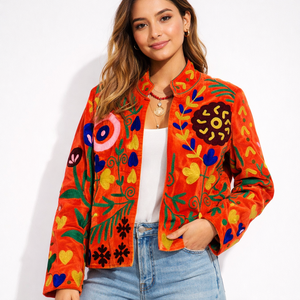 Handmade Knitted Suzani Embroidered Bomber <b>Jacket</b> Women Boho Vintage Ethnic Floral Velvet Reversible Colorful Statement Wear - Product Image 4