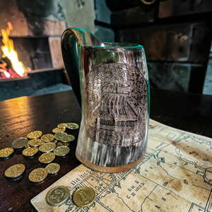 Handcarved Viking Ship Drinking Horn Mug Ox Horn Cup with Wooden Base for Display and Use At <b>Cheap</b> Price - Product Image 4