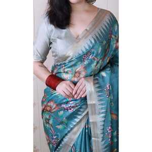 Écharpe en soie tussar douce bleu poussière Elite Weaves, imprimé naturel, tissée Zari, 450g - Product Image 5