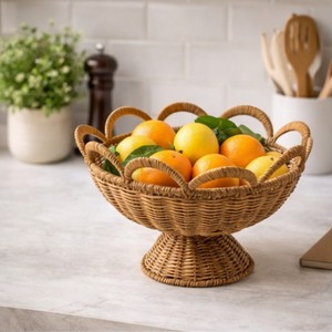 Grand saladier décoratif en rotin festonné sur pied, panier à fruits tressé sur piétement pour cuisine et salle à manger, vente en gros - Product Image 5
