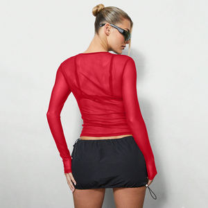 Camiseta deportiva de malla transpirable de manga larga para mujer, ajustada, con patrón sólido, de poliéster - Product Image 2