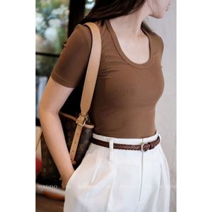 Women's Minimalist Ribbed T-Shirt Scoop Neck Short Sleeve <b>Slim</b> Fit Regular Length <b>Belt</b> Detail Breathable Polyester/Cotton - Product Image 1