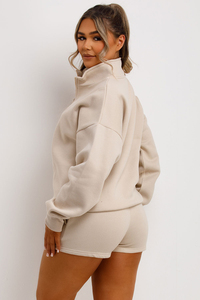 Women Beige Tracksuit Set Half-<b>Zip</b> Sweatshirt Shorts Solid Color Casual Loose Fit Full Sleeve Spring Wear - Product Image 6