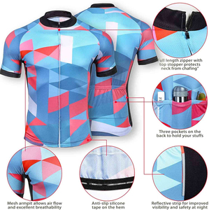 ชุดเสื้อจักรยานแขนสั้นพร้อมกางเกงขาสั้นแบบมีสายรัดเอว ลายเรขาคณิต สีฟ้าชมพู สำหรับทีมปั่นจักรยาน - Product Image 4