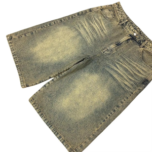 Shorts en jean vintage délavé pour homme, coupe ample, jambe large, style Y2K gothique streetwear, 100% coton tricoté, couleur unie, OEM - Product Image 3