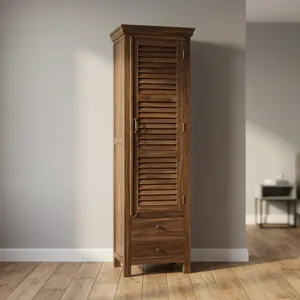 Armoire haute en bois massif avec portes à persiennes et tiroirs, meuble de rangement rustique pour chambre à coucher - Product Image 4