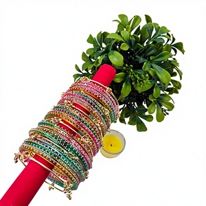Colorful Stylish Vibrant Silver Plated Trendy Geometric <b>Glass</b> Imitation Pearl Women's Customizable <b>Bangles</b> Churiyan Set Wedding - Product Image 1
