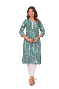 Women's Green Geometric Print V-Neck Kurta With White <b>Pants</b> Casual Spring Summer Cotton Set Knee Length <b>Three</b> <b>Quarter</b> Sleeve - Product Image 1