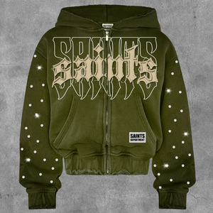 Hoodie court zippé personnalisé style streetwear hiver, coupe ample, délavé soleil, strass, délavé à l'acide, style gothique, high street, hip hop, français - Product Image 6