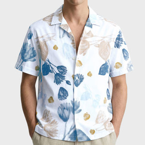 เสื้อเชิ้ตแขนสั้นลายดอกไม้สีขาวสำหรับผู้ชาย ทรงปกติ ผ้าฝ้าย 100% ระบายอากาศได้ดี - Product Image 1