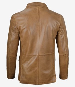 <b>Men</b> Premium Tan Brown Genuine <b>Leather</b> <b>Blazer</b> Single Breasted Two Button Closure Notch Lapel Collar Slim Fit Business Casual - Product Image 2