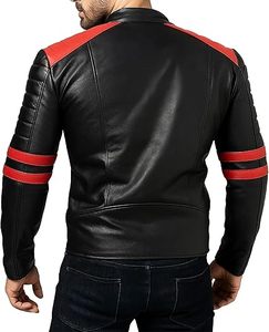 เสื้อแจ็คเก็ตหนังสีดำสไตล์คาเฟ่เรเซอร์แบรนด์ Brando สำหรับผู้ชาย แต่งดีเทลสีแดง คอตั้ง ปิดด้วยซิป ทรงมอเตอร์ไซค์ไบค์เกอร์ - Product Image 2