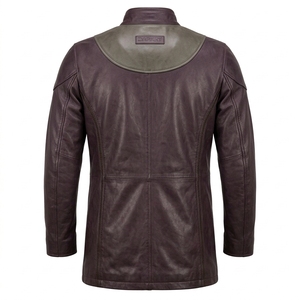 Gabardina de cuero genuino para hombre, color morado ciruela, con cuello alto y banda de cuello redondeada gris, personalizada, venta al por mayor - Product Image 2