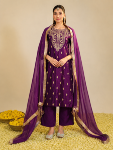 Bohobi - Vestido de Mujer Morado Tejido Natural Muktalif, Elegante, Silueta en A, Corte Ajustado, Lavable, Viscosa, Seda Cruda, Organza, Largo hasta el Tobillo - Product Image 1