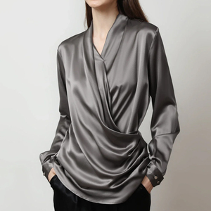 Camisa de Seda para Mujer, Blusa de Seda Dorada, Elegante y Clásica, de una Pieza, Larga, para Mujeres Adultas, Satén, Otoño, Lisa, Teñida, 100% Seda - Product Image 1