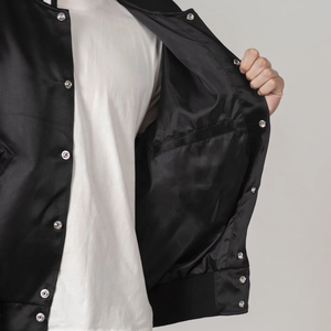 Men Black Satin <b>Jacket</b> With White Stripes Polyester Breathable Comfort Fit Sport Varsity <b>Jackets</b> With Patch Logo - Product Image 6
