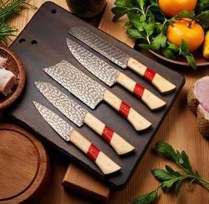 Ensemble de 5 couteaux de chef japonais en acier Damas, manche en os, forgés à la main, pour droitiers, longueur de lame 8-9,9 pouces - Product Image 5