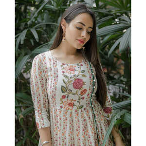 Ensemble Kurta pour femmes, blanc floral, manches longues, respirant, taille XS - Product Image 4