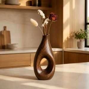 Paire de vases muraux en bois cannelé cintrés, faits à la main, pour plantes suspendues, décoration herbe de la pampa - Product Image 4