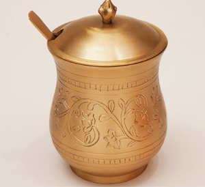 Lovely hand-painted brass ghee <b>pot</b> adorned with vibrant floral leaf motifs and a matching spoon. Available at wholesale price. - Product Image 6