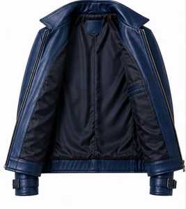 Blouson moto en cuir véritable beige pour homme, col rabattu, fermeture éclair, coupe ajustée, manches classiques, couleur unie, automne - Product Image 5