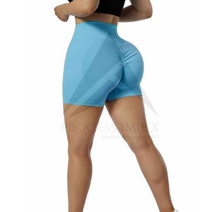 Shorts de yoga bleus unis taille haute pour femme, tricotés, extensibles, sportifs, pour la gym, l'entraînement, la course et les activités sportives - Product Image 6