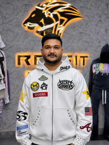Sweat à capuche court streetwear en coton épais, brodé patchwork, effet vieilli, personnalisé, zippé pour homme - Product Image 1