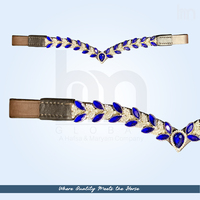 Bridon de luxe en cuir sur mesure, bleu saphir, avec cristaux marquise en forme de V, feuille et goutte d'eau, cousu main, avec surpiqûres robustes