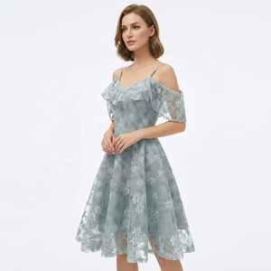 Elegant Ladies Empire Waist Off-the-Shoulder Bridesmaid Dresses Lace Embroidery Ruffle Neck Floral V-Neck <b>Zipper</b> Knee-Length - Product Image 1