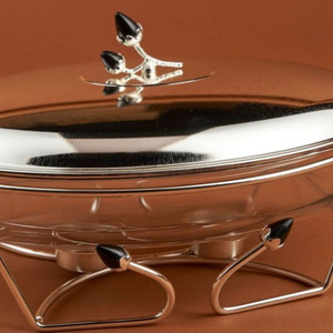 Silver Metal Acrylic Chafing Dish Featuring Pink Floral Accent Lid Curved <b>Stand</b> And Side Handles For Elegant Buffet Dining - Product Image 3