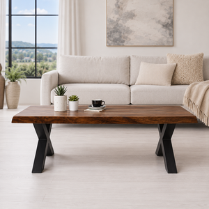 Modern Wooden <b>Coffee</b> <b>Table</b> With Black X <b>Legs</b> Natural Grain Finish <b>For</b> Stylish Living Room Home Decor Furniture - Product Image 4