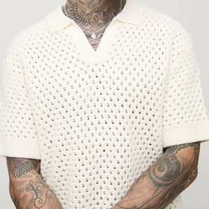 Camiseta de punto de algodón de manga corta para hombre, diseño personalizado con logo, estilo casual, de gran tamaño, de malla de ganchillo - Product Image 2