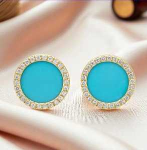 Boucles d'oreilles pendantes en turquoise naturelle, argent sterling 925, plaqué or 14 carats, rondes, délicates, luxueuses, bijoux de tous les jours, cadeau - Product Image 2