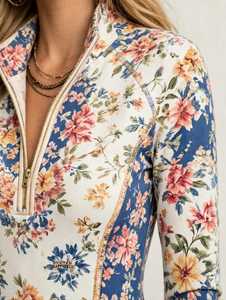 Ensemble de survêtement 2 pièces pour femme à motif floral, haut à manches longues avec demi-zip et leggings évasés - Product Image 6