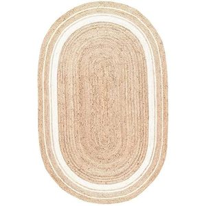 Natural Oval Jute <b>Rug</b> with White Stripes – Handwoven Boho Area Carpet for Living Room, India <b>Rug</b> Manufacturer - Product Image 5