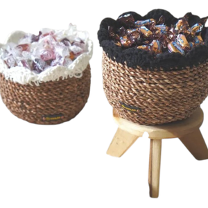 Handwoven Water Hyacinth Storage Basket: Cylindrical <b>Bowl</b> with <b>Knitted</b> Accent - Product Image 2