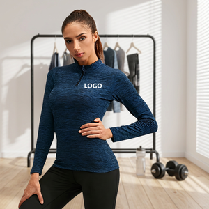 Women's Blue Textured Half-Zip <b>Long</b> <b>Sleeve</b> Quick Dry <b>Workout</b> <b>Top</b> Regular Fit Front Logo All Seasons - Product Image 2