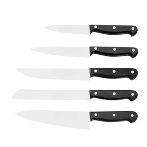 Ensemble de 9 couteaux de cuisine avec lames en acier inoxydable, manches rivetés noirs, bloc de rangement en bois et aiguiseur en acier - Product Image 5