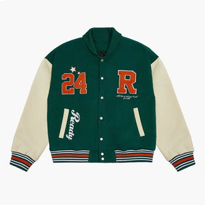 Veste Varsity Homme Verte Broderie Lettre R 24 Style Preppy Col Montant Coupe Droite Hiver Coupe-Vent Tissu PU Polyester - Product Image 2