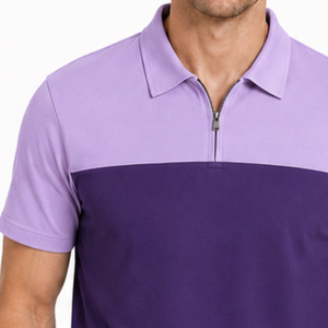 Polo de manga corta para hombre de alta calidad con bloques de color, cierre de cremallera de un cuarto, informal, en morado y lavanda. - Product Image 2