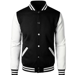 Chaqueta Varsity en Bloques de Color Blanco y Negro, Cuello Alto, Botones a Presión, Estilo Deportivo de Béisbol - Product Image 1